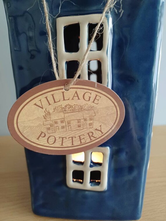 Village Pottery Grijs/Navy 3 Huis Theelicht - Sfeervolle Keramische Theelichthouder