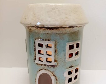 Village Pottery Aqua Ceramic Round House With Windows  Wax Melt Oil Burner Gift  15cm Free UK Postage