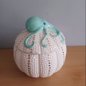 以下が含まれることがあります： ターコイズ色のタコ型の蓋が付いた、白いセラミック製のウニの形をした容器。蓋には金色のドットが、ウニには金色のドットとストライプが施されています。