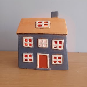 Village Pottery Ochre Grey House Tea Light Holder Ceramic Gift 18cm- NEW RANGE Free UK Postage