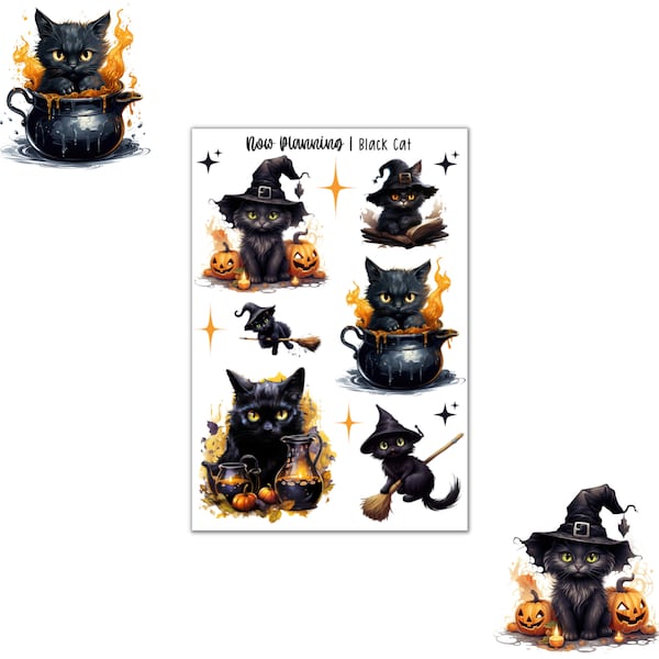 Black Cat Sticker Sheet |  Halloween Stickers | Journal Stickers, Planner Stickers, Scrapbook Stickers