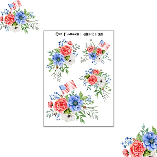 Patriotic Floral Sticker Sheet | 4th of July | Journal Stickers, Planner Stickers, Scrapbook Stickers