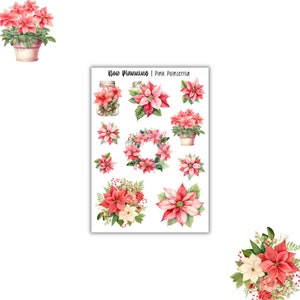 Pink Christmas Poinsettia Sticker Sheet |  Journal Stickers, Planner Stickers, Scrapbook Stickers
