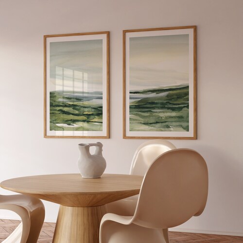 Set of 2 Watercolor Landscape Art Prints, Green Abstract Watercolor Landscape, Abstract set of 2 art prints, Printable gallery wall