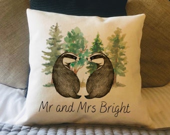 Personalised Badger Country Canvas Cushion - Customised Wildlife Linen Cushion - Woodland Animal Cushion Cover with Inner Filler