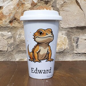 Personalised Bearded Dragon Travel Mug, Gift for Reptile Lover, Thank you present for Lizard Owner, Hot Drinks Flask, Insulated Coffee Cup