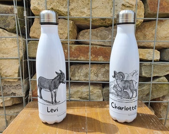 Personalised Farm Animal Goat and Donkey Insulated Bottle - Gift for Farm Lover - Personalised Small Holder Thermal Flask Water Bottle