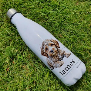 May include: White stainless steel water bottle featuring a brown and white dog illustration and the name "James" printed on the side.