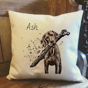 May include: A white cushion with the name "Ash" printed on it. A brown and white dog with a stick in its mouth is printed on the cushion. The dog is standing on a brown and white splatter background.