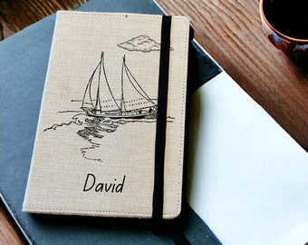 Personalised Sailing A5 Notebook - Custom Boat Lined Journal - Reusable Vehicle Notebook Cover - Linen Hardback Journal Cover Gift