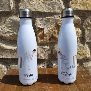 May include: Two white insulated water bottles with personalised names "Noah" and "Oliver". Each bottle features a colour illustration of a cricket player in action with a cricket wicket in the background.