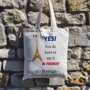 Personalised French Teacher Tote Bag, Foreign Languages Shopping Bag, Gift for Teacher year End, Uni Bag, Book Bag, Teacher School Bag