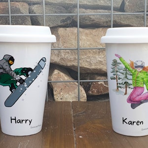 Personalised Snowboarding Sports Travel Mug - Gift for Snow Lover - Personalised SnowboarderThermal Ceramic Insulated Travel Mug