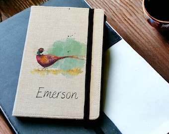Cuaderno A5 personalizado con diseño de faisán - Diario rayado personalizado con animales salvajes - Funda reutilizable para cuaderno - Funda de lino de tapa dura para diario