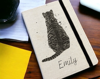 Personalised Tabby Cat A5 Notebook - Custom Feline Lined Journal - Reusable Cat Notebook Cover - Linen Hardback Journal Cover Gift