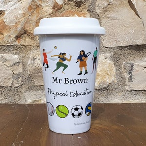 Personalised PE Teacher Travel Mug - Gift for Sports Lover - Personalised PE Student Thermal Ceramic Insulated Travel Mug