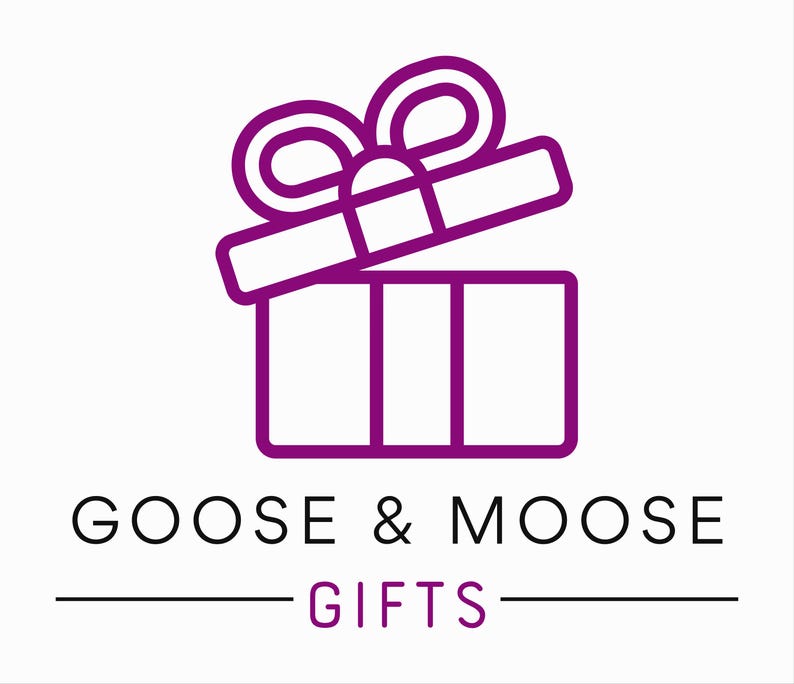 May include: A purple line art illustration of an open gift box with a bow on top. Below the gift box is the text "GOOSE & MOOSE GIFTS" in black, with "GIFTS" in purple.