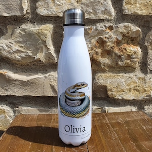 May include: White stainless steel water bottle featuring a colourful snake design and the name "Olivia" printed on the bottom.