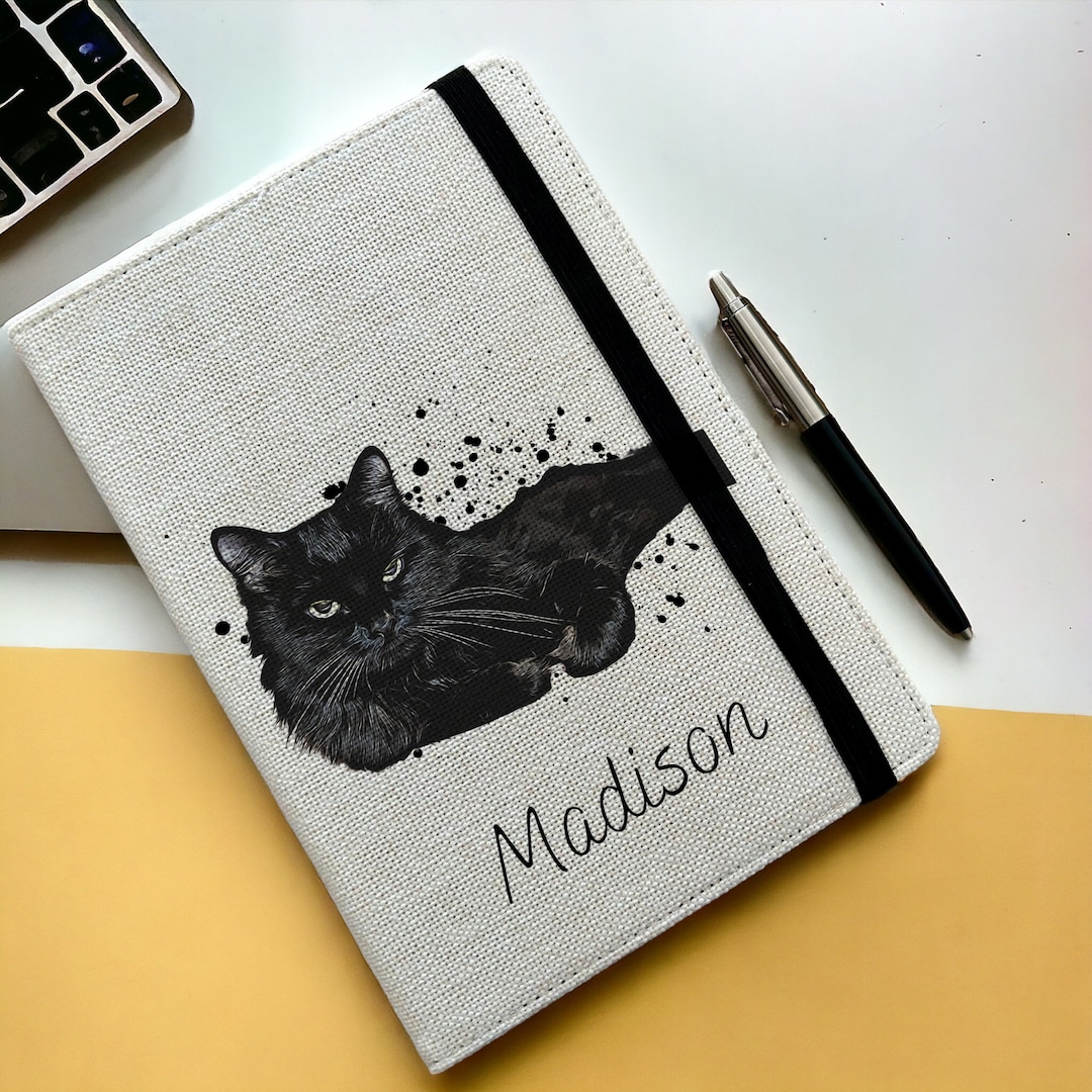 Cat Note Cover Personalised Black Cat A5 Notebook - Custom Feline Lined Journal ...