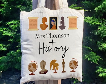 Personalised History Teacher Tote Bag, Historian Shopping Bag, Gift for Teacher year End, Uni Bag, Book Bag, Custom Teacher School Bag