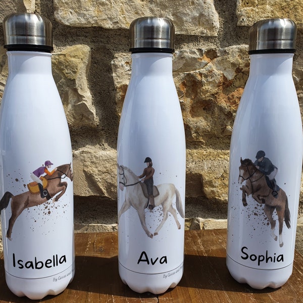 Personalised Show Jumping Horse Insulated Bottle - Gift for Pony Owners & Lover - Personalised Equestrian Thermal Flask Water Bottle