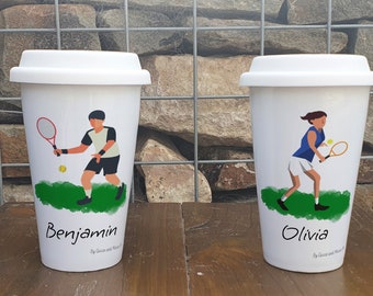 Personalised Tennis Sports Travel Mug - Gift for Tennis Lover - Personalised Tennis Thermal Ceramic Insulated Travel Mug