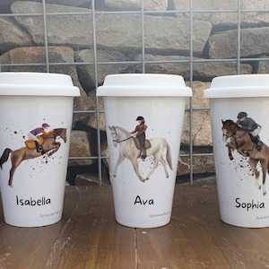 Personalised Show Jumping Horse Travel Mug - Gift for Horse Owners & Lover - Personalised Horse Thermal Ceramic Insulated Travel Mug
