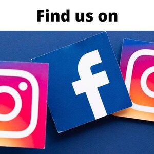 May include: Find us on Facebook and Instagram. The Facebook logo is white on a blue background. The Instagram logo is a white camera icon inside a rainbow colored circle.