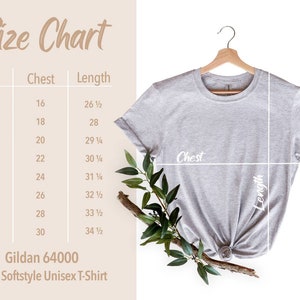 May include: Size chart for a Gildan 64000 Adult Softstyle Unisex T-Shirt. The chart shows chest and length measurements in inches for sizes XS to 4XL.