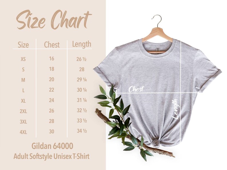 May include: Size chart for a Gildan 64000 Adult Softstyle Unisex T-Shirt. The chart shows chest and length measurements in inches for sizes XS to 4XL.
