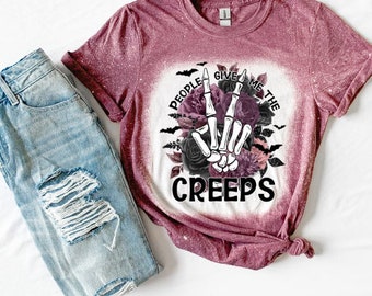 People Give Me the Creeps | Skeleton Hand Shirt | Funny Mom Shirt | Sarcastic Shirt | Bleached Tee | Witchy Vibes Tee | Introvert Shirt