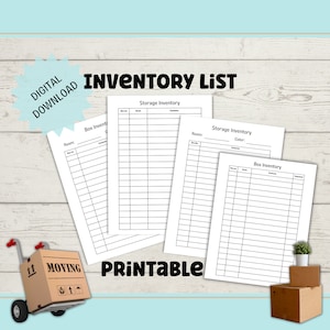 Pode incluir: Lista de inventário imprimível para mudanças ou armazenamento. A lista inclui seções para o inventário de caixas, o inventário de armazenamento e o inventário de quartos. Cada seção tem colunas para o número da caixa, o quarto, o conteúdo e a descrição.