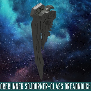 Puede incluir: Modelo de nave espacial gris futurista sobre un fondo de nebulosa. La nave, un Dreadnought de clase Forerunner Sojourner, tiene detalles intrincados y un diseño largo en forma de cuchilla. Incluye el texto "FORERUNNER SOJOURNER-CLASS DREADNOUGHT".