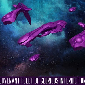 Puede incluir: Una obra de arte digital representa una flota de naves espaciales moradas sobre un fondo de galaxia estrellada. El texto "COVENANT FLEET OF GLORIOUS INTERDICTION" es visible en la parte inferior.