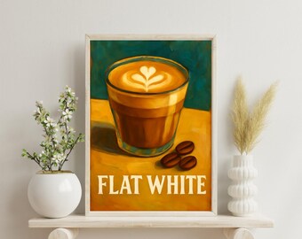Flat White Art Print Poster, Vintage Coffee Poster, Gift for Barista, Cafe Wall Art, Coffee Shop Decor, Retro Espresso Print, Coffee Poster