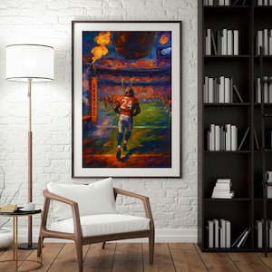 Plakat artystyczny NFL Denver Broncos, Champ Bailey wybiegający z tunelu, dekoracja ścienna z dziełami sztuki, prezent dla fana futbolu, dekoracja pokoju sportowego, ściana NFL