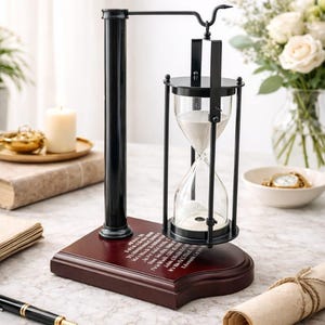 May include: An hourglass with white sand sits within a black metal frame, supported by a dark wood base. The base has engraved text. A black metal arm extends to hold the hourglass. A pen and scroll are on the table.