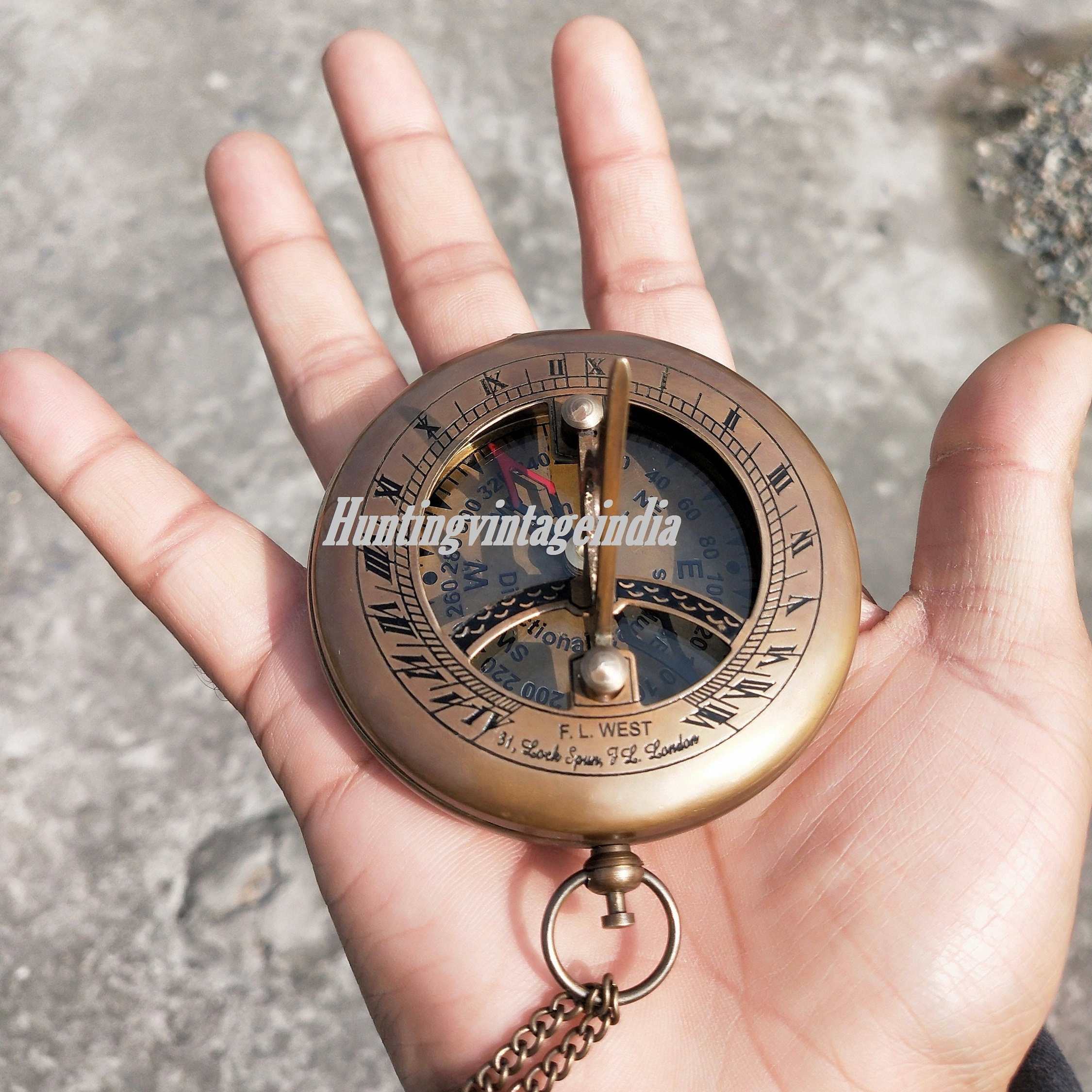Brass Sundial Compass Vintage Maritime Handmade Push Button Nautical Compass 3". 
