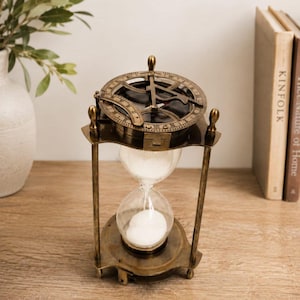 Antique Brass Sundial Compass Hourglass | 5 Minute Sand Timer, Nautical Desk Decor