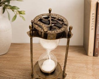 Antique Brass Sundial Compass Hourglass | 5 Minute Sand Timer, Nautical Desk Decor