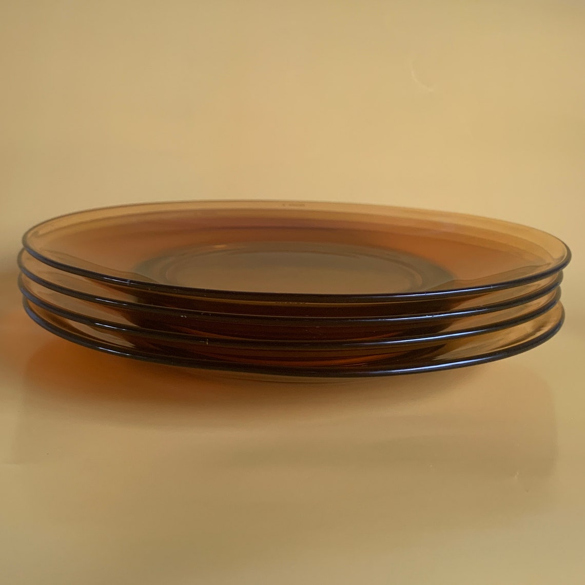 4 Vintage Vereco Amber Glass Dinner Plates. 1970s French Glass, Retro