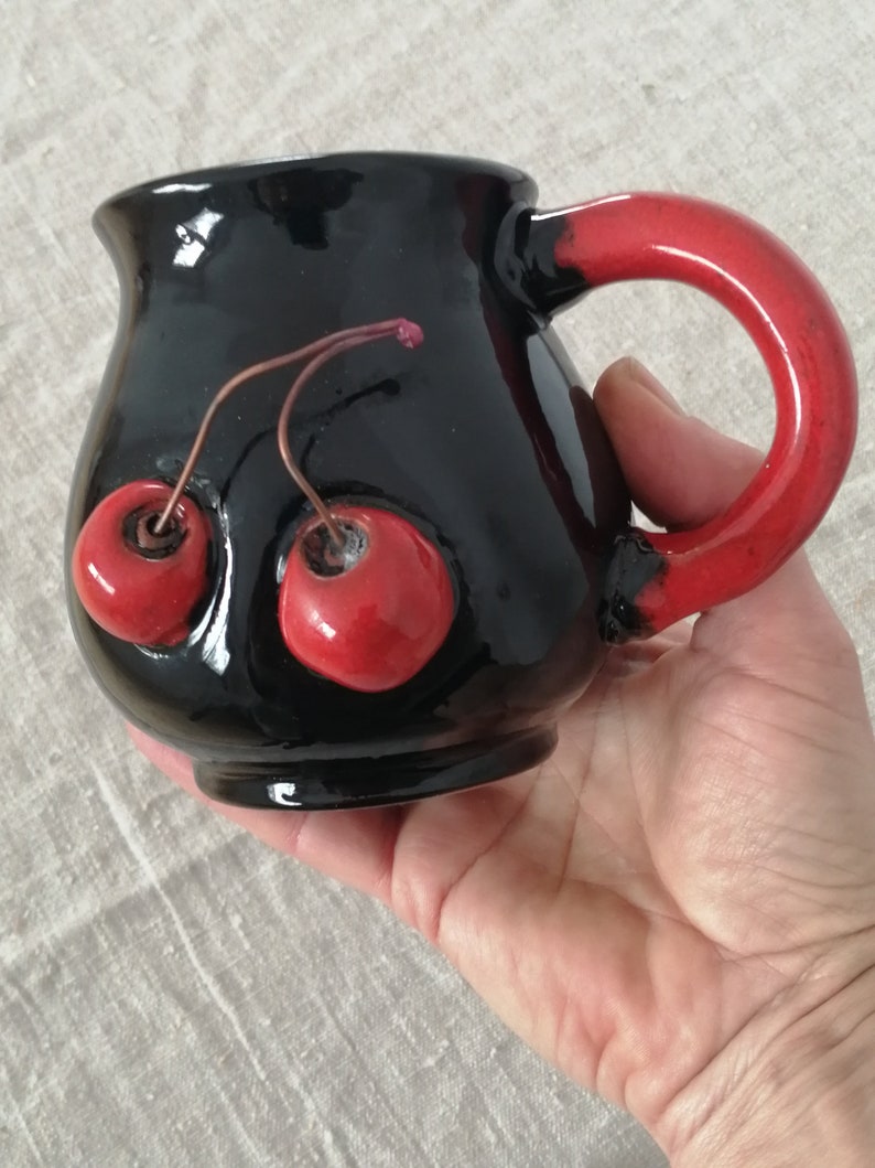 Round mug with cherries Handmade ceramics Wife gift Pottery Gift for Mum Gift for her Kitchen item Tableware Unique mug image 2
