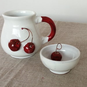 Round mug with cherries Handmade ceramics Wife gift Pottery Gift for Mum Gift for her Kitchen item Tableware Unique mug image 9
