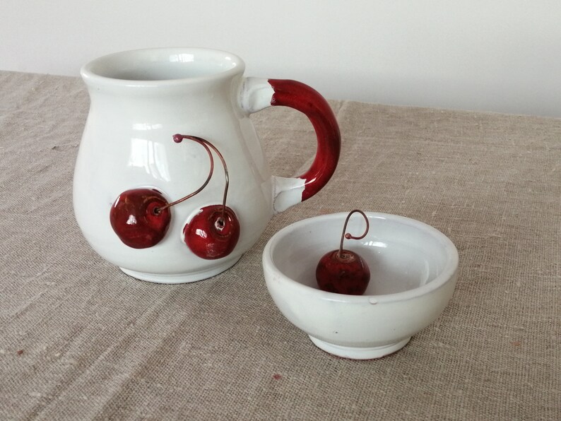 Round mug with cherries Handmade ceramics Wife gift Pottery Gift for Mum Gift for her Kitchen item Tableware Unique mug image 9