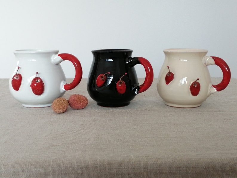 Round mug with cherries Handmade ceramics Wife gift Pottery Gift for Mum Gift for her Kitchen item Tableware Unique mug image 8