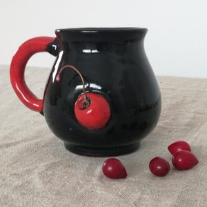 Round mug with cherries Handmade ceramics Wife gift Pottery Gift for Mum Gift for her Kitchen item Tableware Unique mug image 1