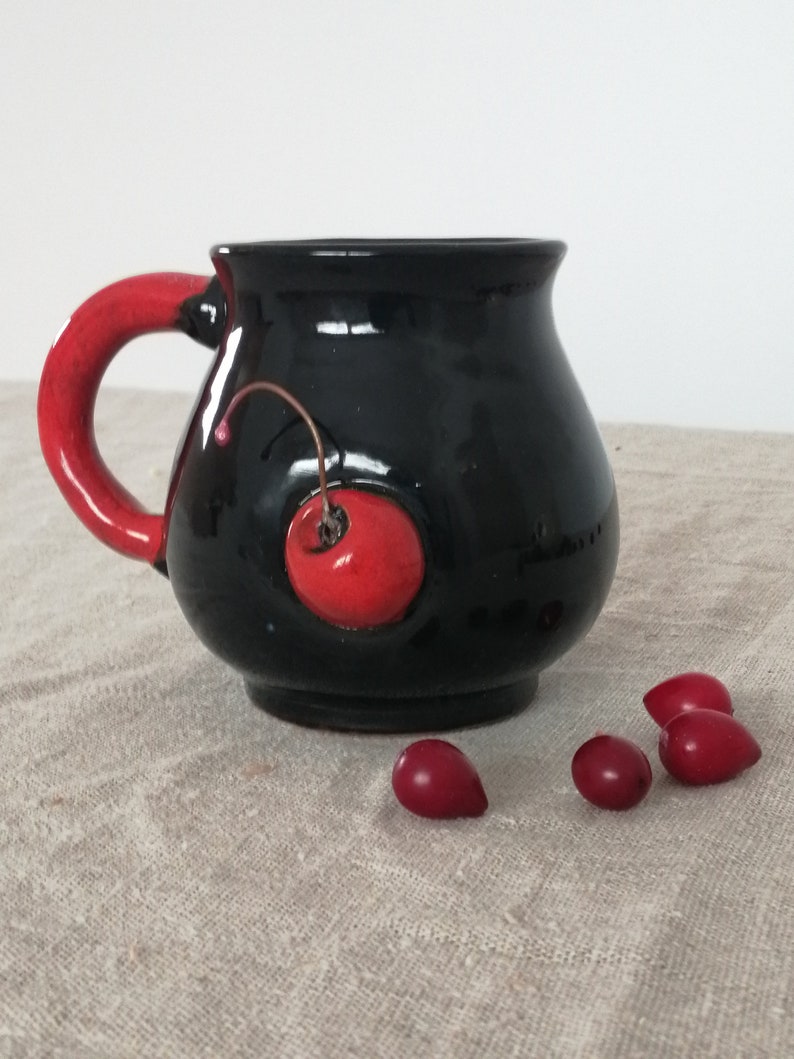 Round mug with cherries Handmade ceramics Wife gift Pottery Gift for Mum Gift for her Kitchen item Tableware Unique mug image 1