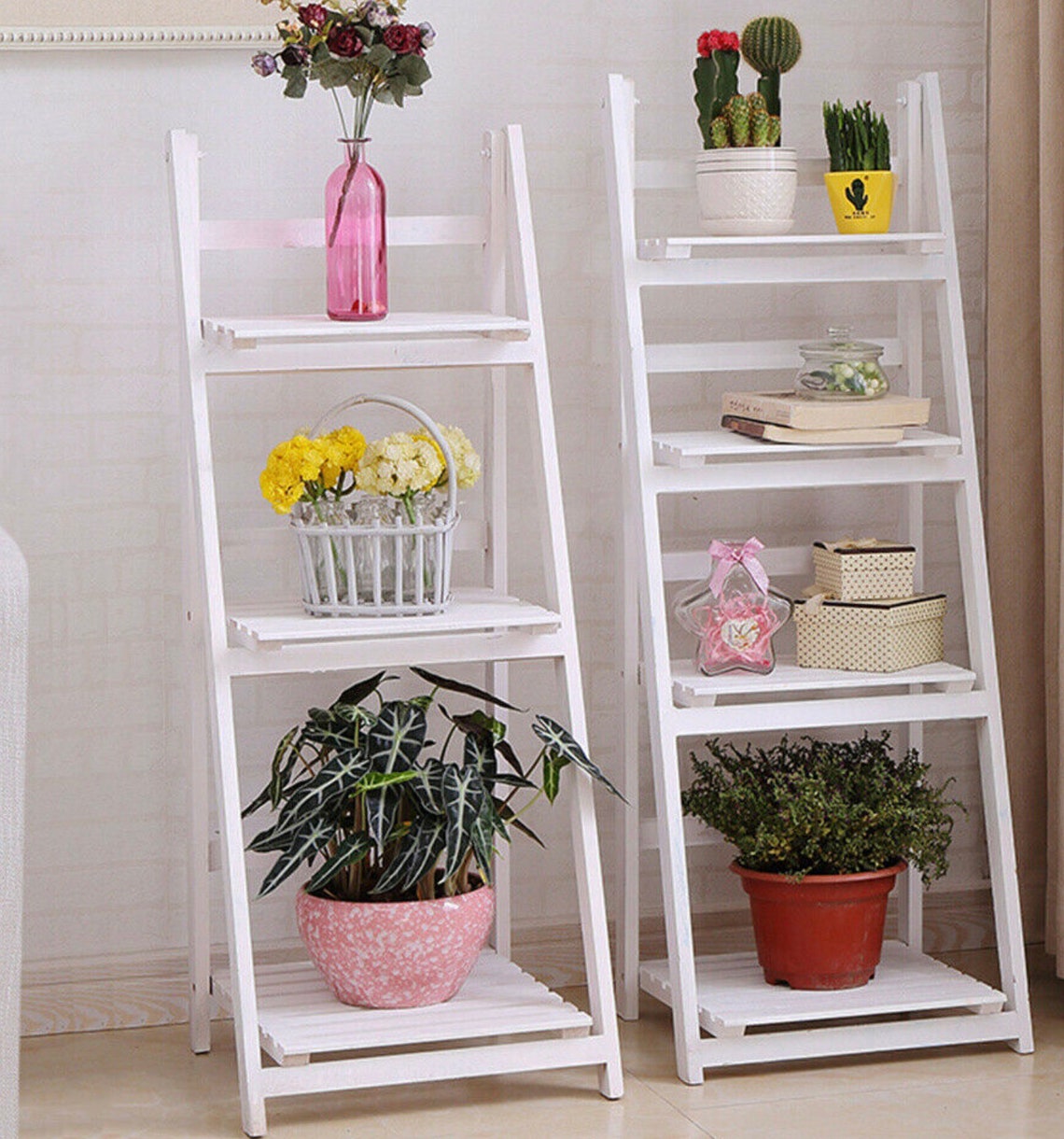 3/4 Tier White Ladder Shelf Bookcase Bookshelf Folding Plant Etsy