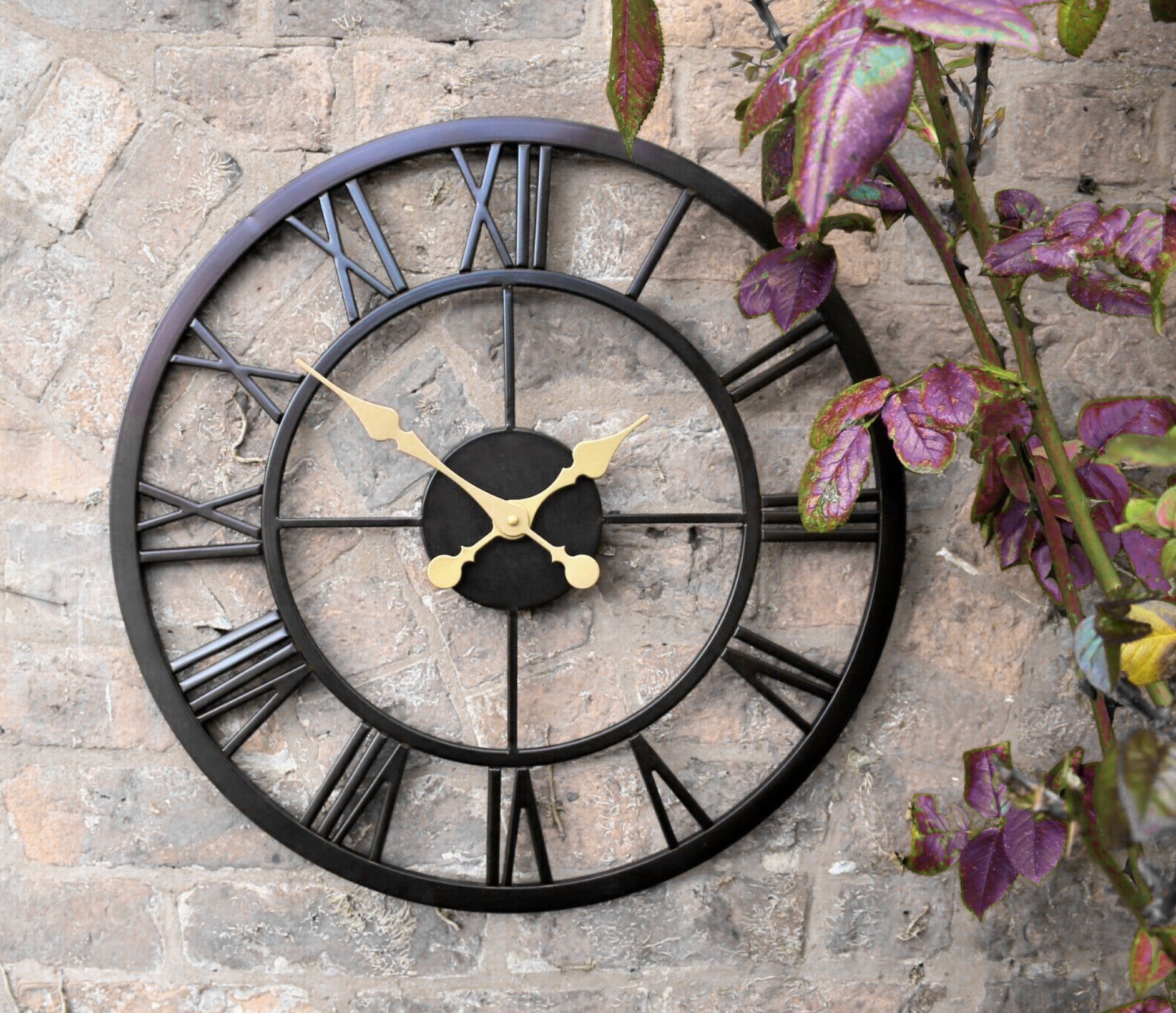 Outdoor Garden Skeleton Wall Clock Black Metal Frame Large Etsy