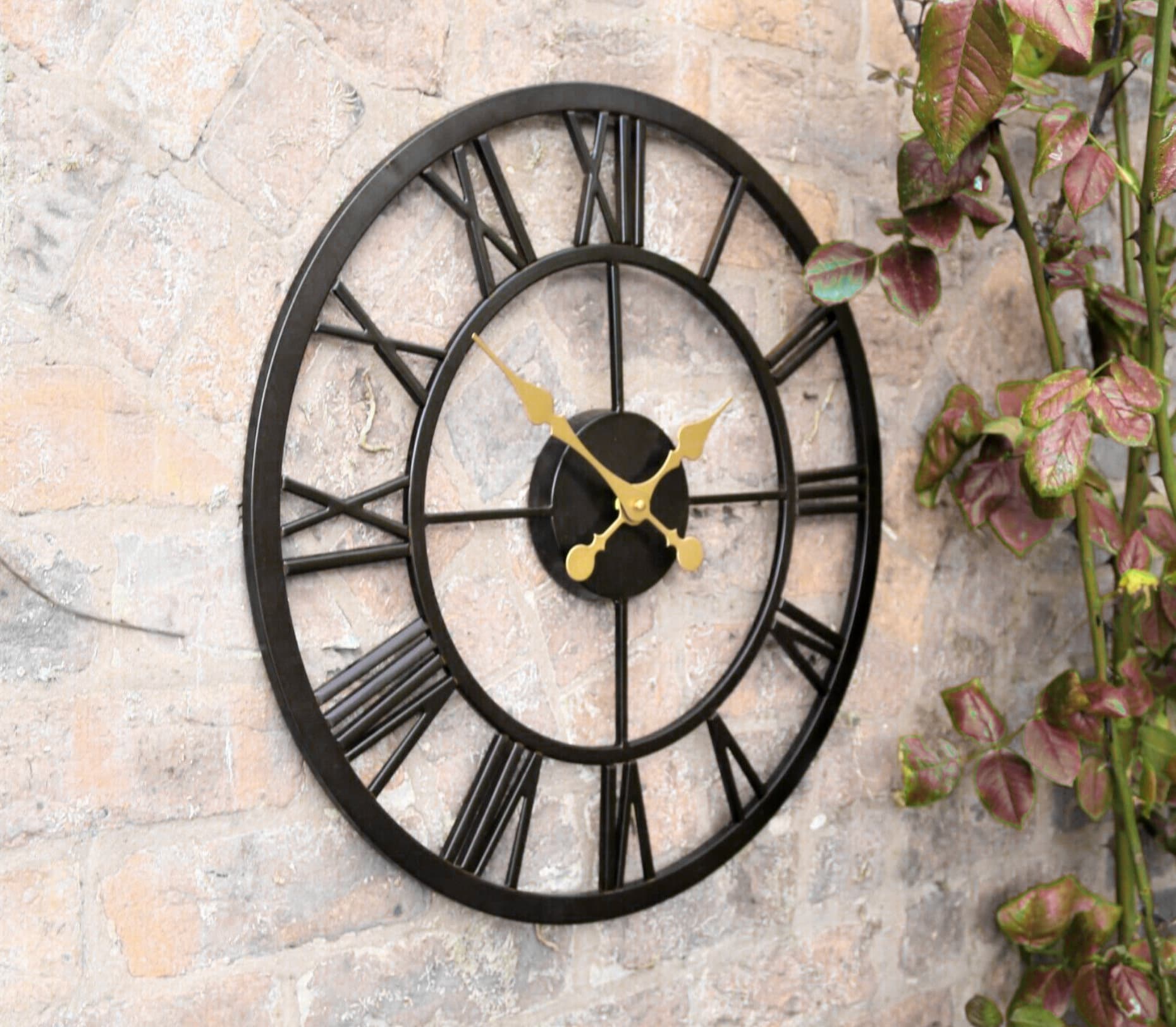 Outdoor Garden Skeleton Wall Clock Black Metal Frame Large Etsy
